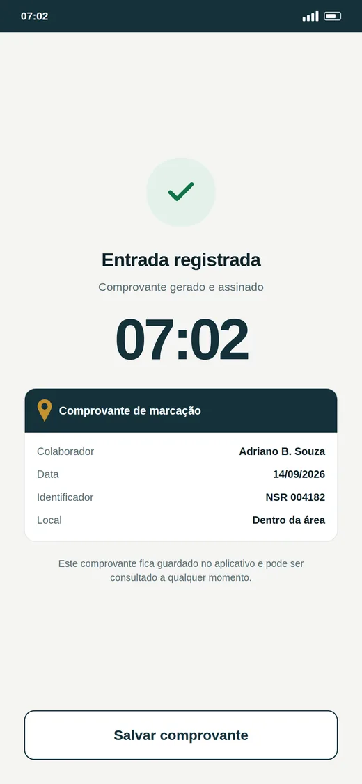 Tela do comprovante de registro de ponto